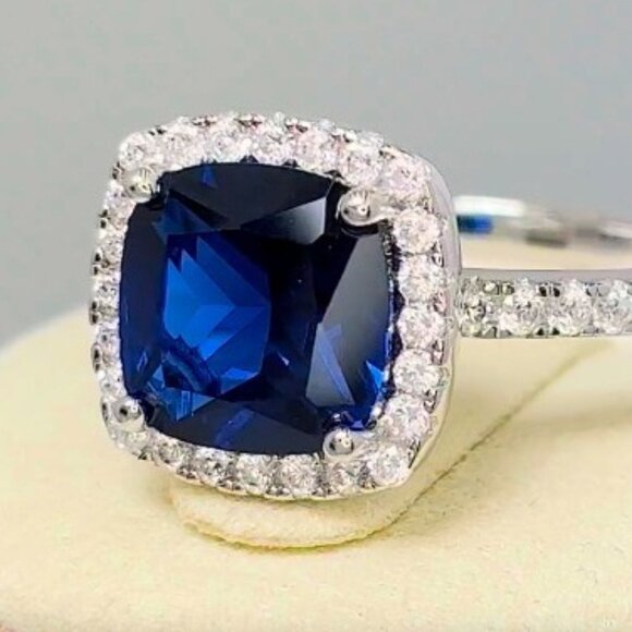 925 STERLING SILVER Cushion Cut Blue Spinel & Cubic Zirconia Halo Ring - Picture 16 of 16